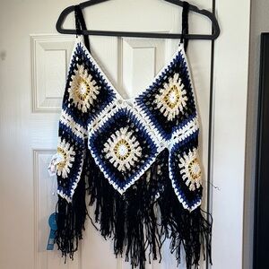 Cupshe Black and White Crochet Fringe Top